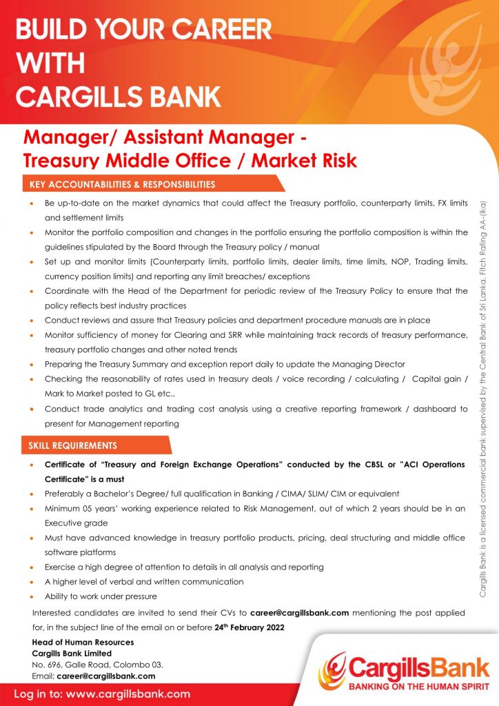 Manager or AM – Treasury Middle Office & Market Risk-1 – Cargills Bank